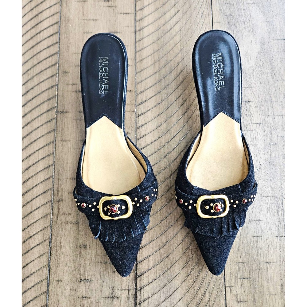 Michael Kors Kitten Heels 7.5M Black Suede Leather Pointed Toe Mule Chic Buckle